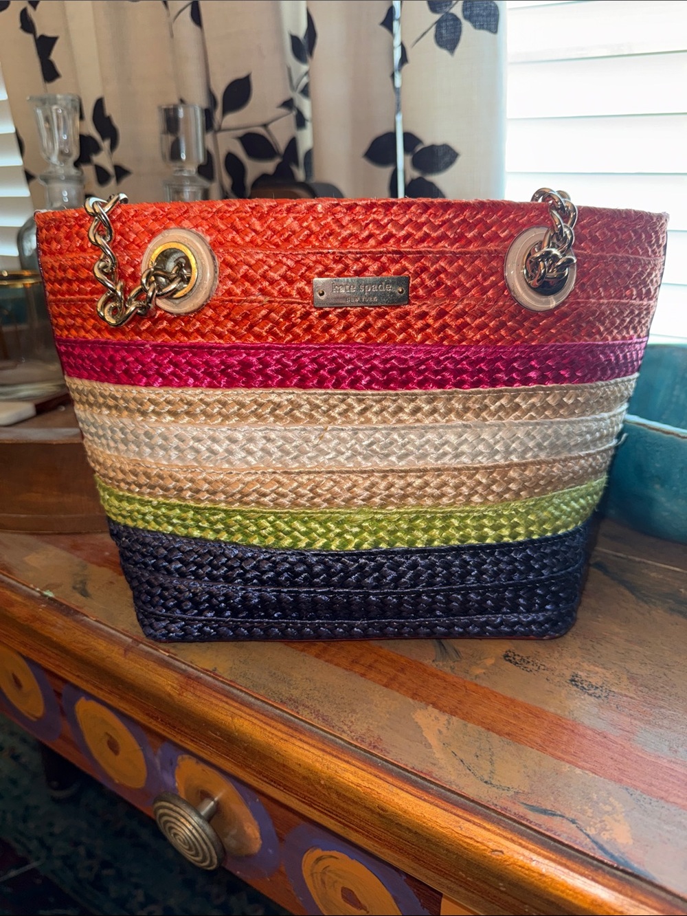 kate spade Multicolor Striped Straw Tote - Orange, Pink, Cream, Green, Blue